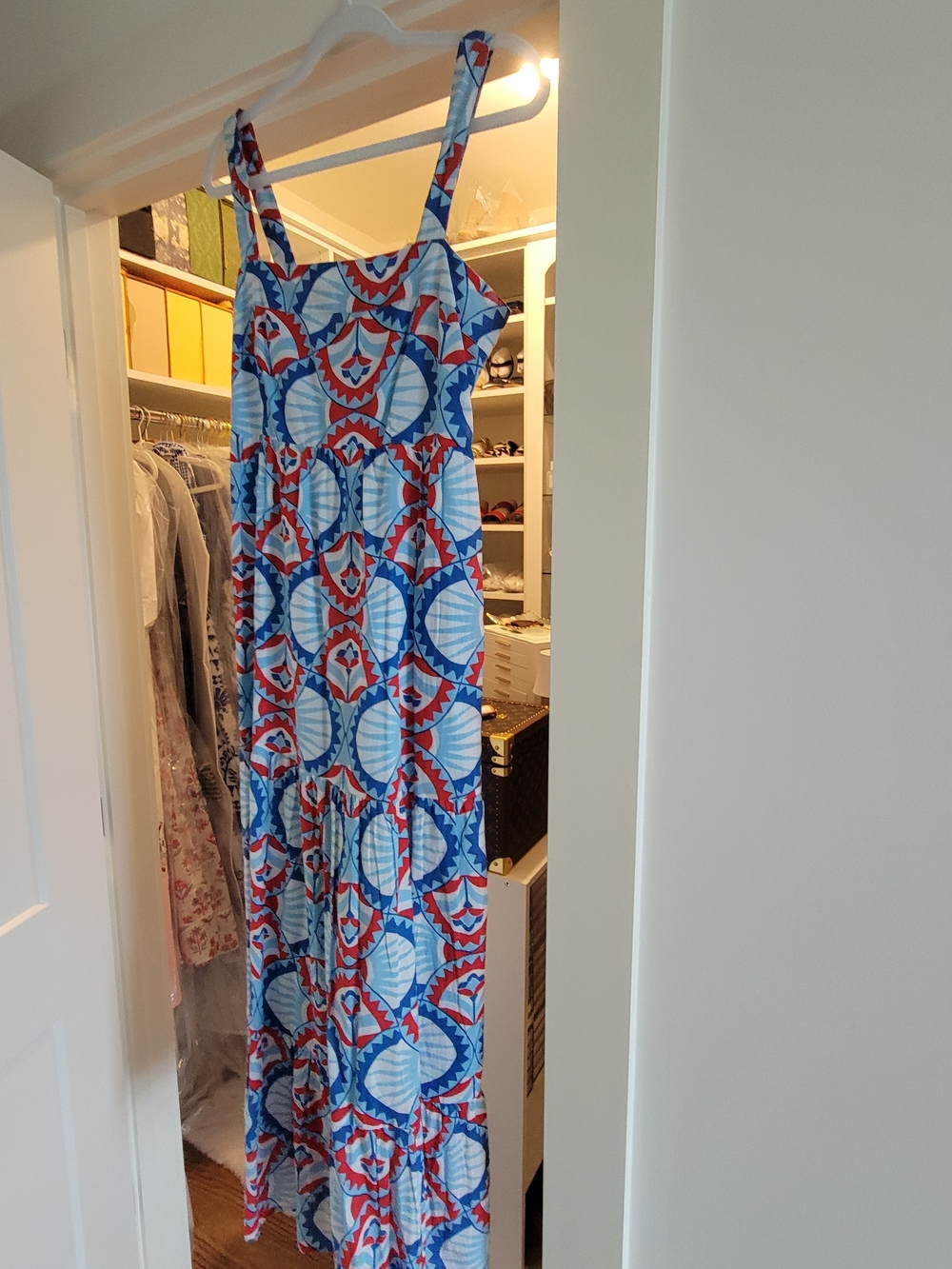 Almost New!! Authentic Oliphant Designer. Blue & Red Geometric Maxi Dress. - Picture 9 of 9